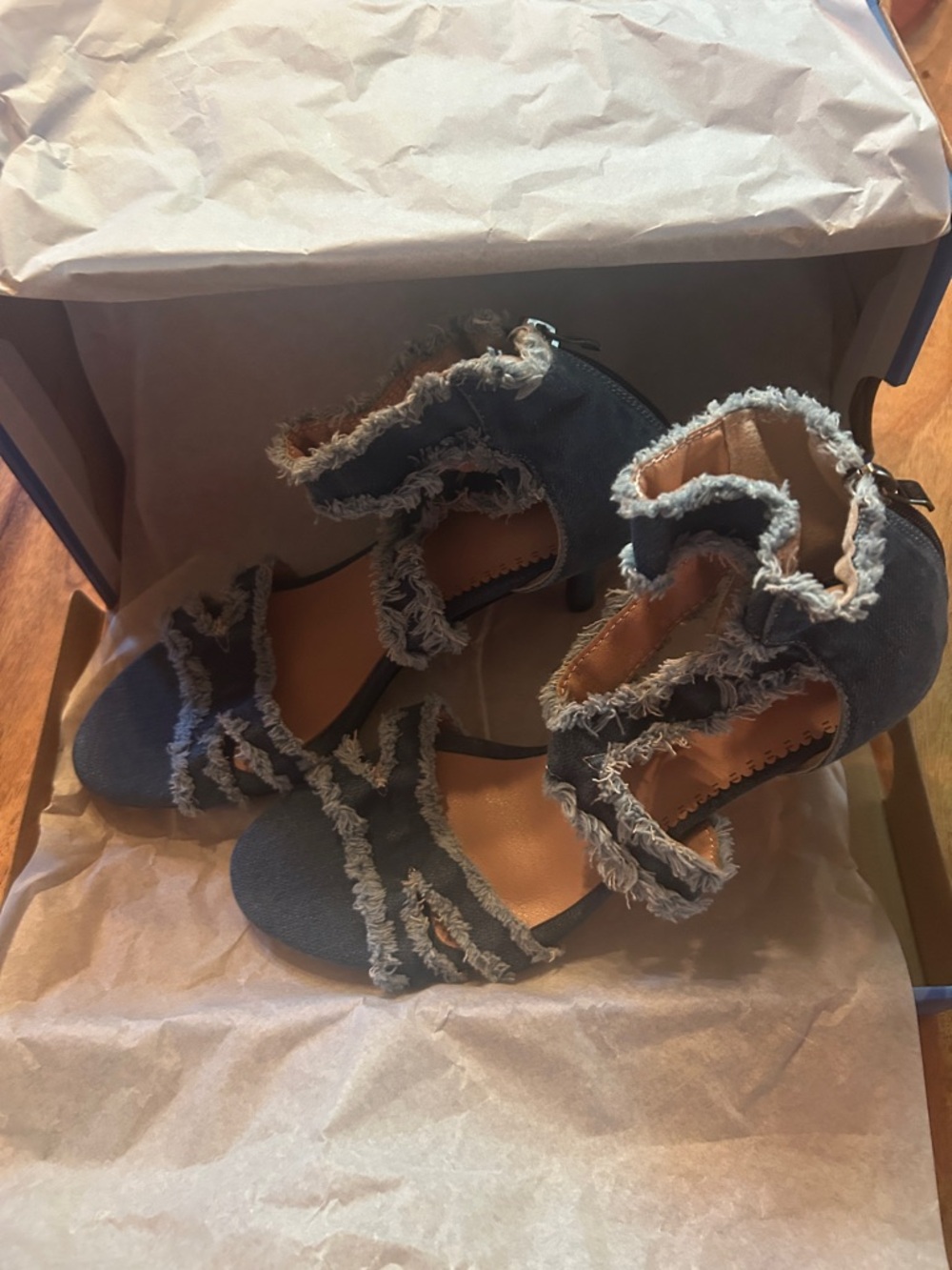 Denim Frayed Strappy Women's Sandals - Blue